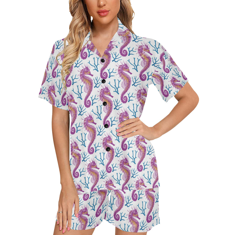 Purple seahorse blue coral pattern Women's V-Neck Short Pajama Set