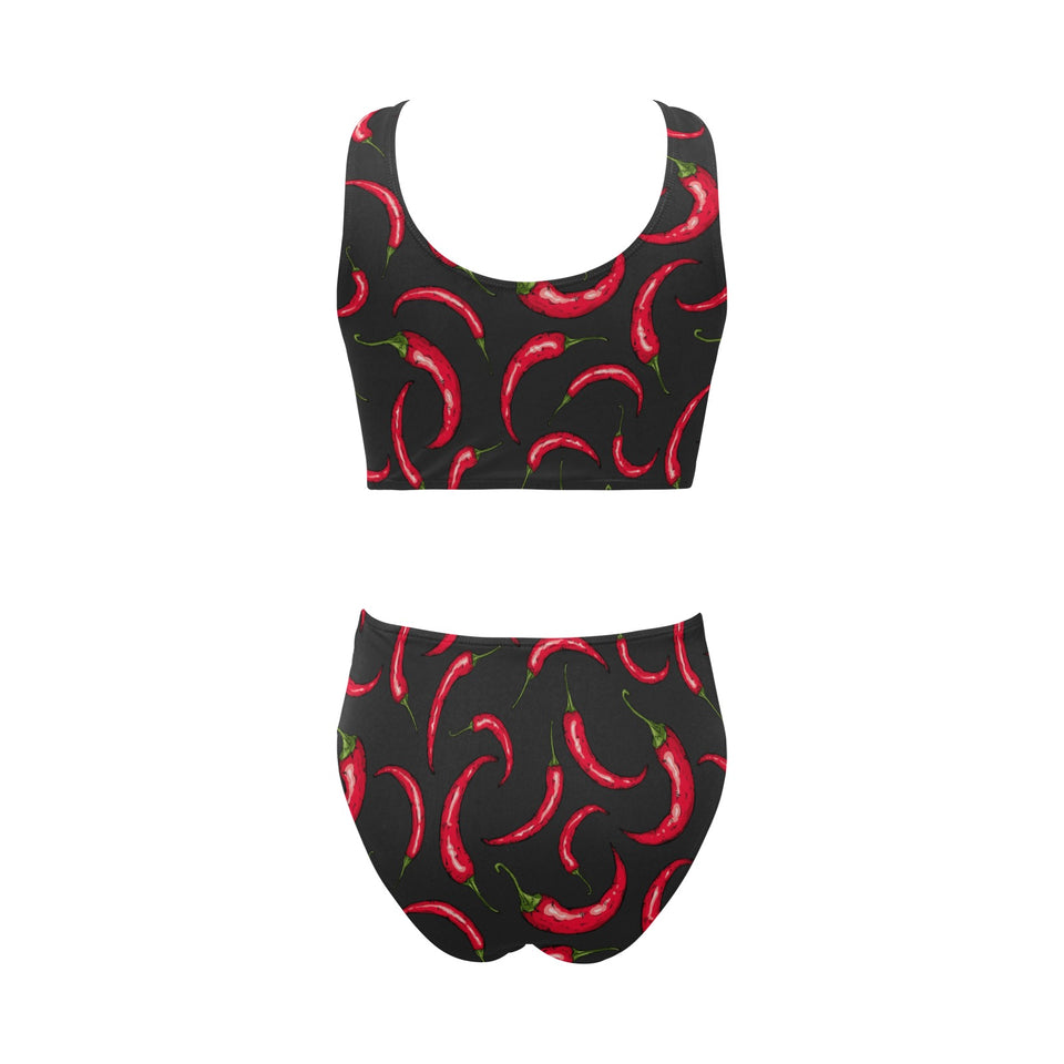 Chili peppers pattern black background Chest Bowknot High Waisted Bikini Swimsuit