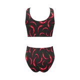 Chili peppers pattern black background Chest Bowknot High Waisted Bikini Swimsuit