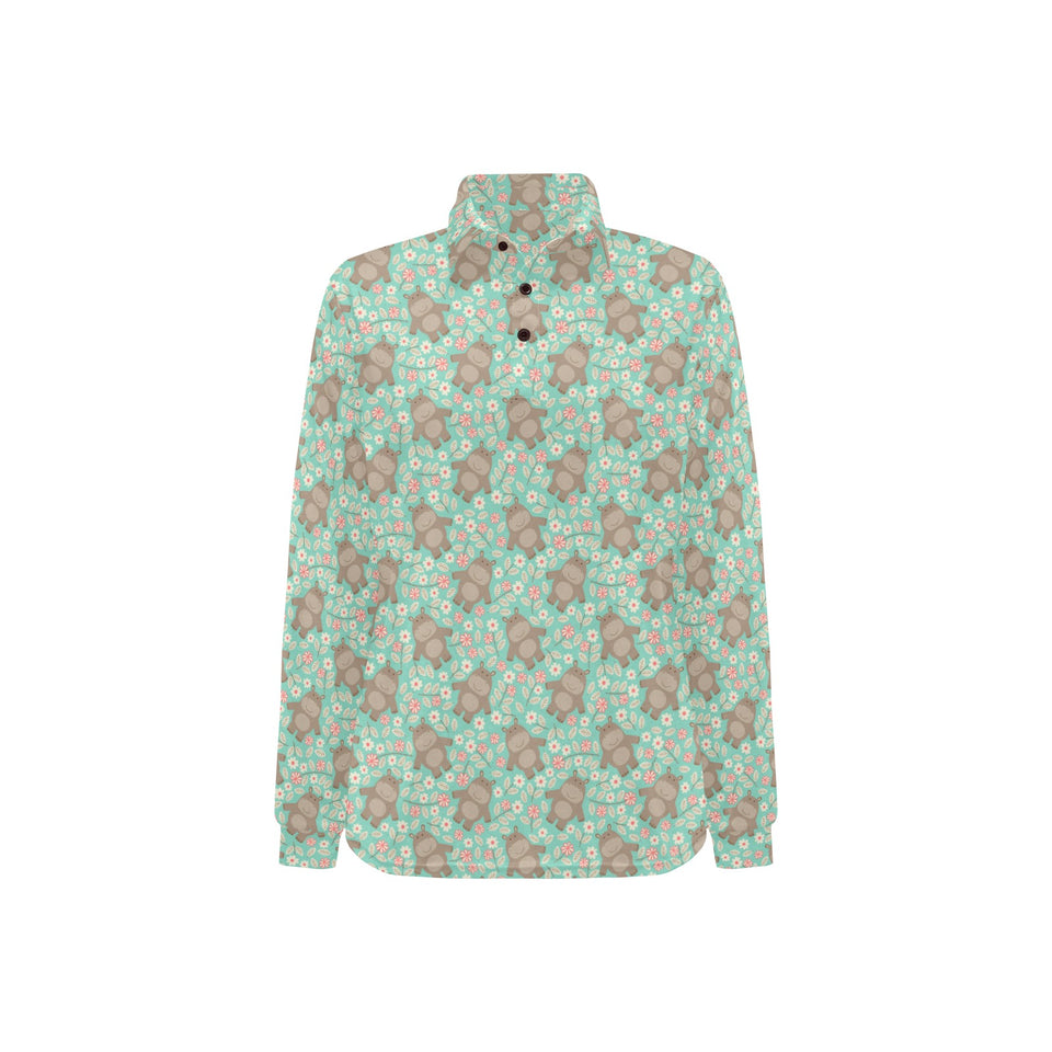 Hippopotamus Pattern Print Design 02 Women's Long Sleeve Polo Shirt