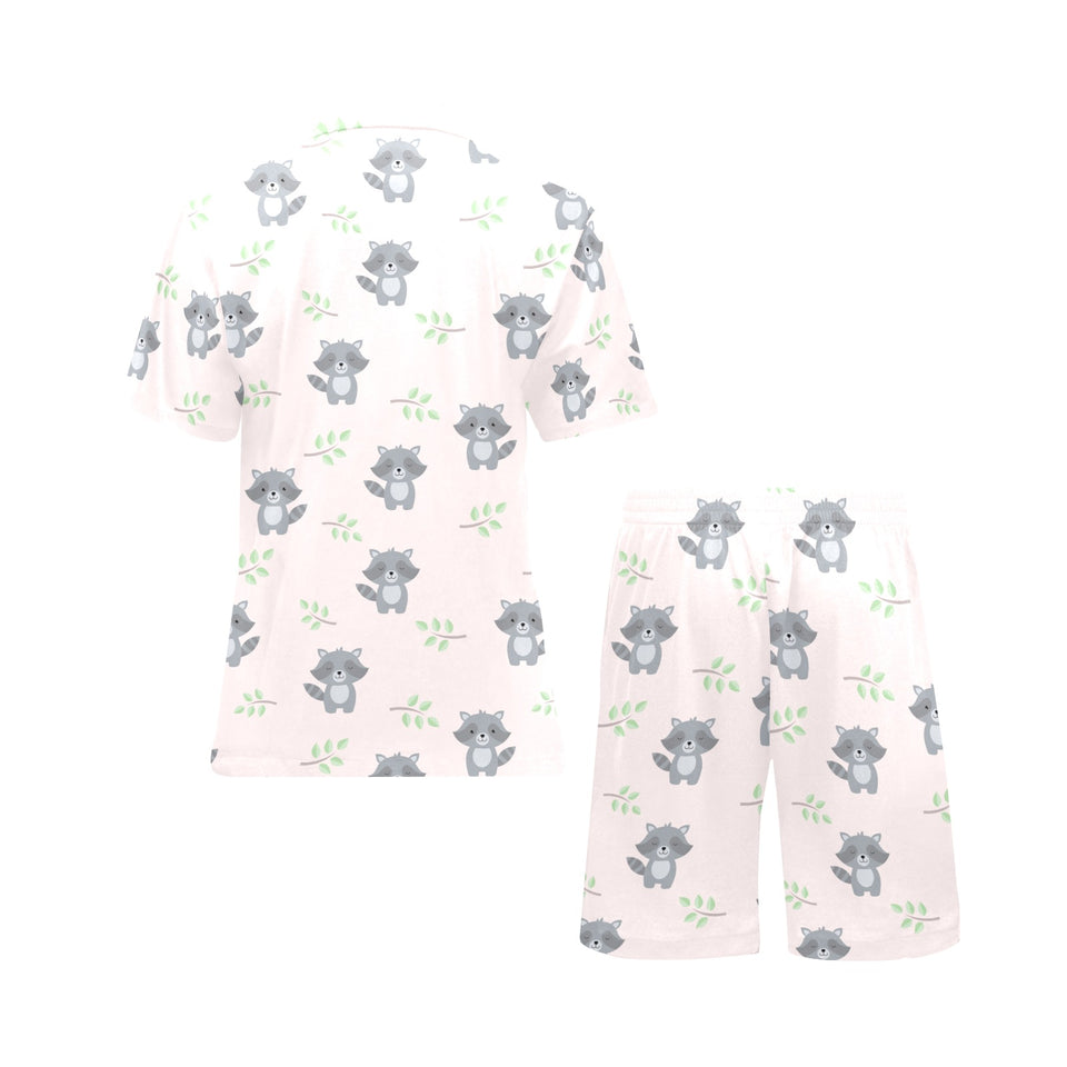 cute raccoons leaves pattern Men's V-Neck Short Pajama Set