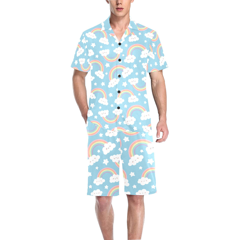 Cute rainbow clound star pattern blue background Men's V-Neck Short Pajama Set