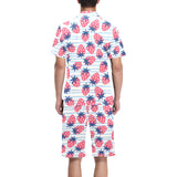 Strawberry pattern blue lines background Men's V-Neck Short Pajama Set
