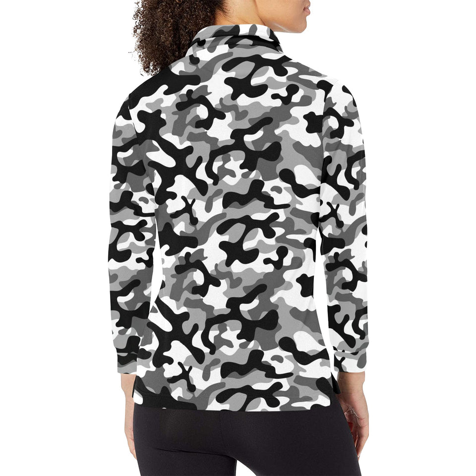 Black white camouflage pattern Women's Long Sleeve Polo Shirt