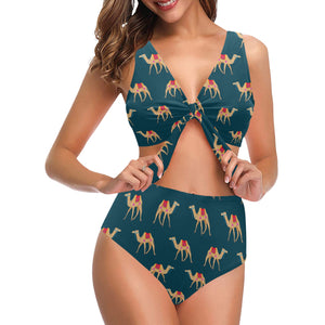 Camel pattern blue blackground Chest Bowknot High Waisted Bikini Swimsuit