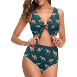 Camel pattern blue blackground Chest Bowknot High Waisted Bikini Swimsuit