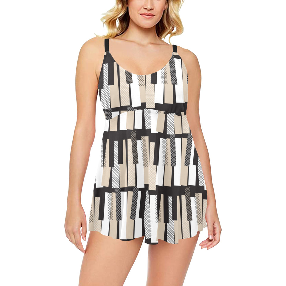Piano Pattern Print Design 04 Chest Sexy Pleated Two Piece Swim Dress