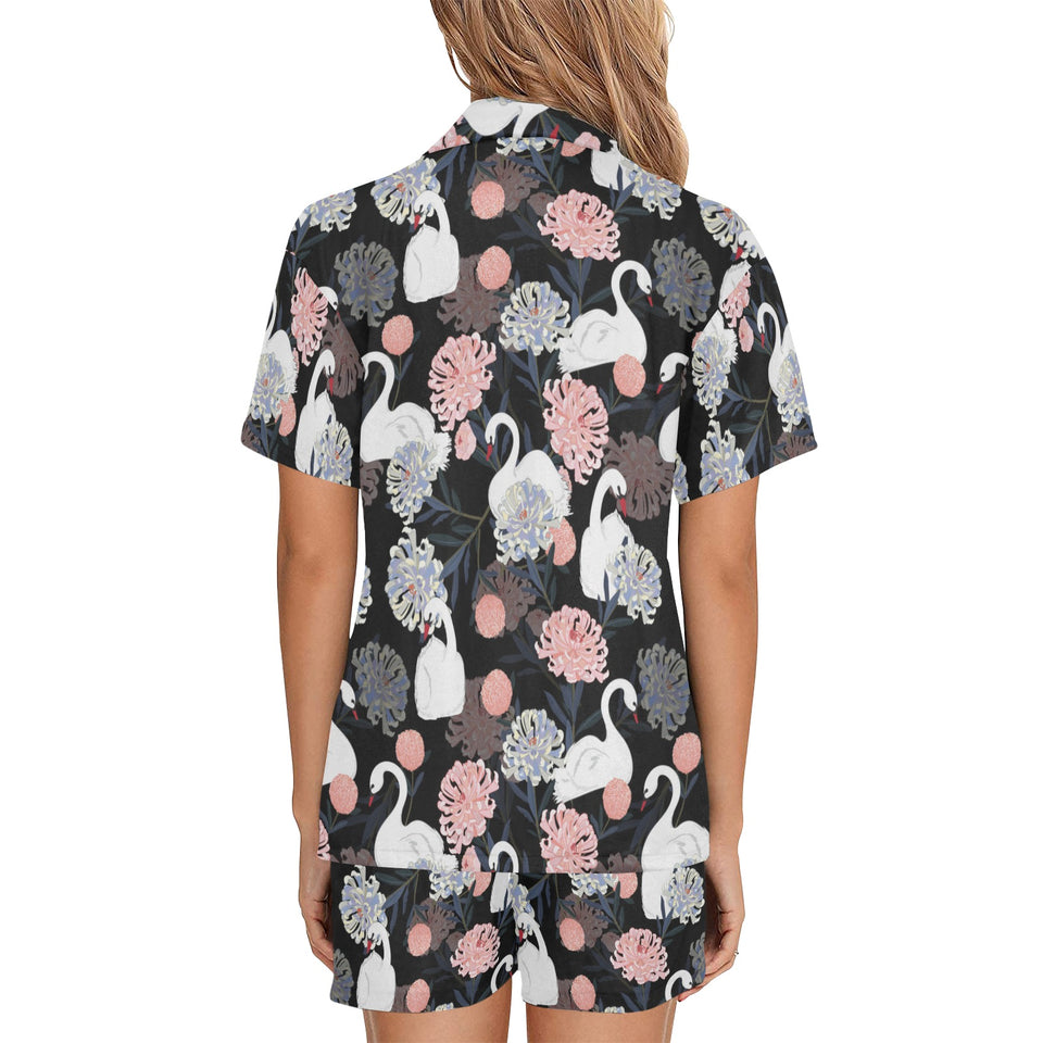 white swan blooming flower pattern Women's V-Neck Short Pajama Set