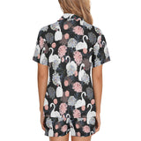 white swan blooming flower pattern Women's V-Neck Short Pajama Set