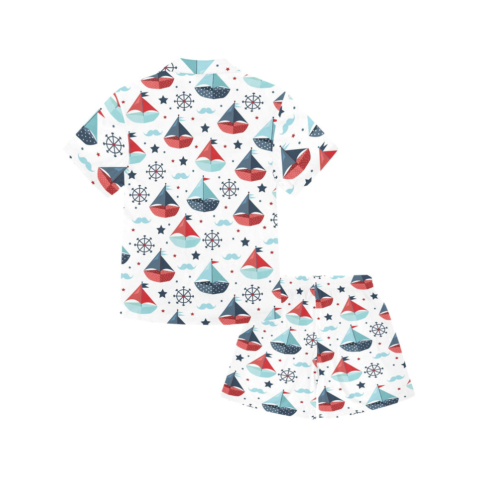 Cute color paper sailboat pattern Kids' Boys' Girls' V-Neck Short Pajama Set