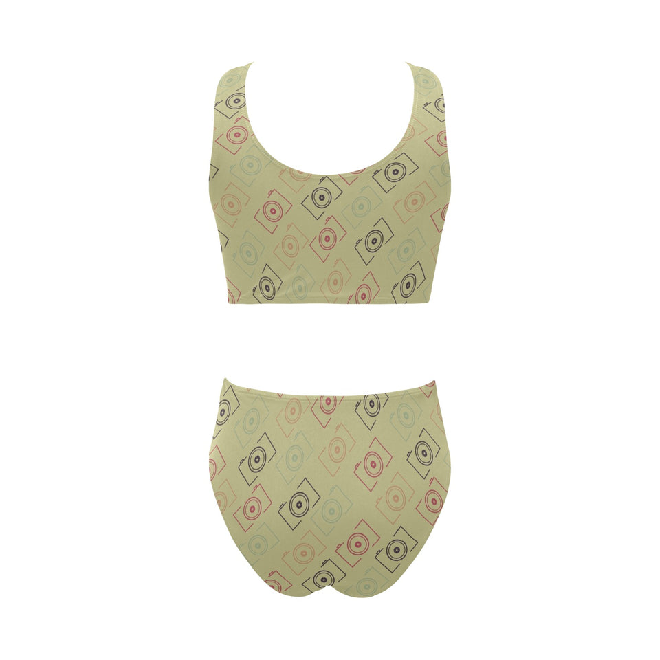 Camera Pattern Print Design 01 Chest Bowknot High Waisted Bikini Swimsuit