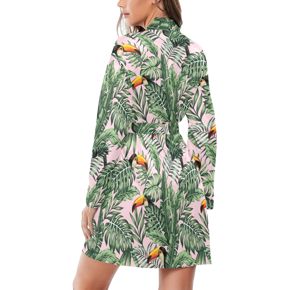 Toucan tropical green jungle palm pattern Women's Long Sleeve Belted Night Robe