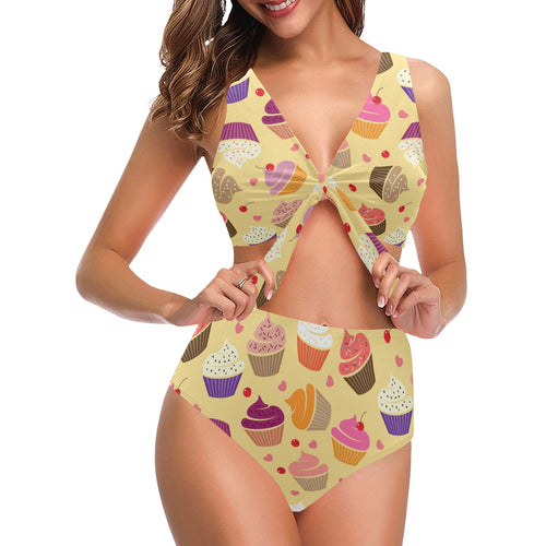 cake cupcake heart cherry pattern Chest Bowknot High Waisted Bikini Swimsuit