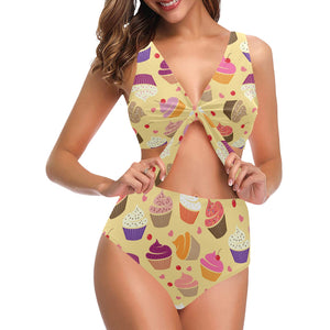 cake cupcake heart cherry pattern Chest Bowknot High Waisted Bikini Swimsuit