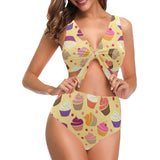 cake cupcake heart cherry pattern Chest Bowknot High Waisted Bikini Swimsuit