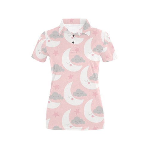 Cute moon cloud star pattern pink dot background Women's All Over Print Polo Shirt