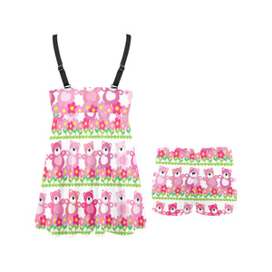 Teddy Bear Pattern Print Design 04 Chest Sexy Pleated Two Piece Swim Dress