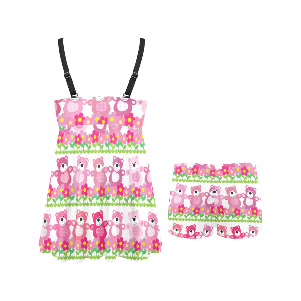 Teddy Bear Pattern Print Design 04 Chest Sexy Pleated Two Piece Swim Dress