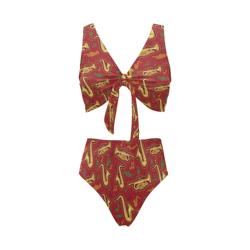Saxophone cornet pattern red background Chest Bowknot High Waisted Bikini Swimsuit