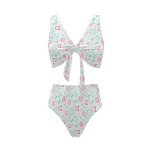 Clock time pattern blackground Chest Bowknot High Waisted Bikini Swimsuit