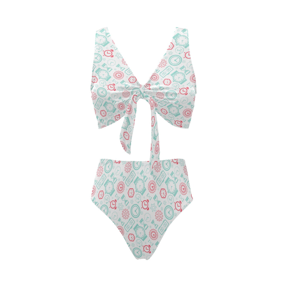 Clock time pattern blackground Chest Bowknot High Waisted Bikini Swimsuit