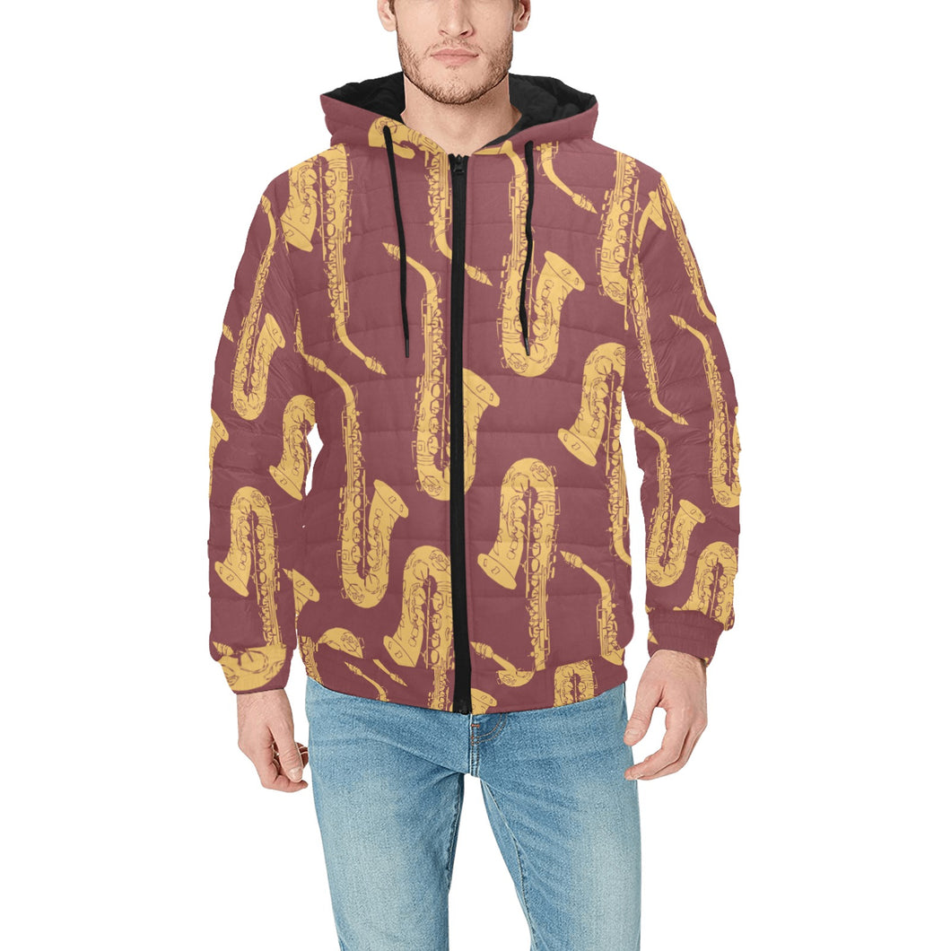 Hand drawn gold saxophone red background Men's Padded Hooded Jacket