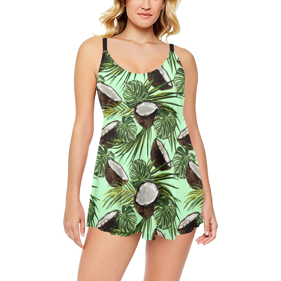 Coconut Pattern Print Design 02 Chest Sexy Pleated Two Piece Swim Dress