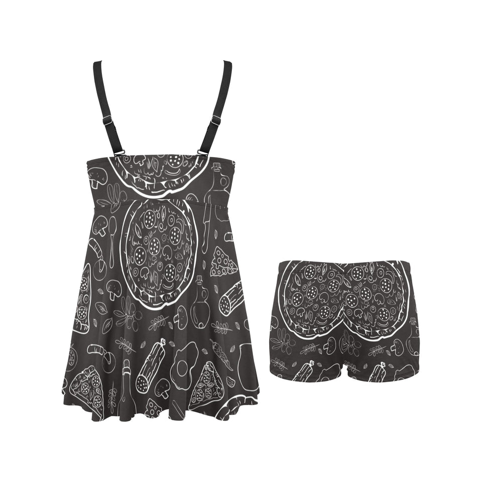 Pizza pattern Chest Sexy Pleated Two Piece Swim Dress