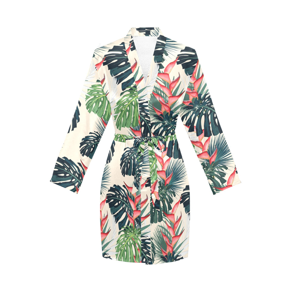 heliconia flowers, palm and monstera leaves Women's Long Sleeve Belted Night Robe