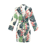 heliconia flowers, palm and monstera leaves Women's Long Sleeve Belted Night Robe