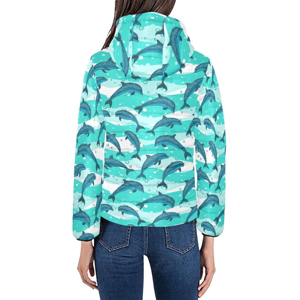 Dolphin sea pattern Women's Padded Hooded Jacket