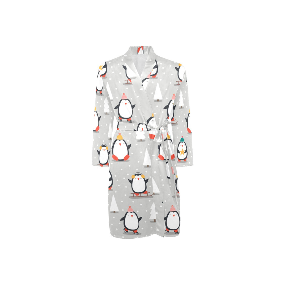 Cute Penguin christmas pattern Men's Long Sleeve Belted Night Robe