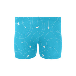 Airplane destinations blue background Men's Swimming Trunks