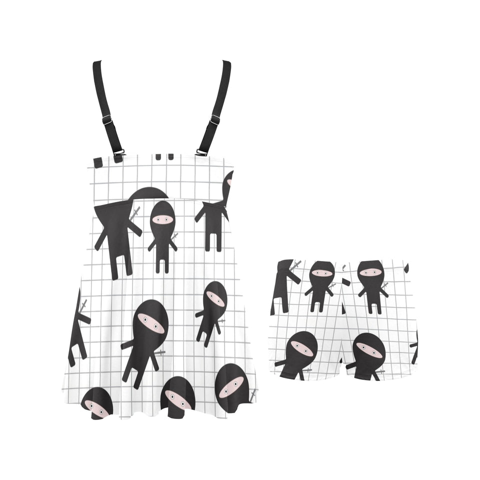 Ninja pattern plaid background Chest Sexy Pleated Two Piece Swim Dress