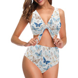 blue butterfly pattern Chest Bowknot High Waisted Bikini Swimsuit