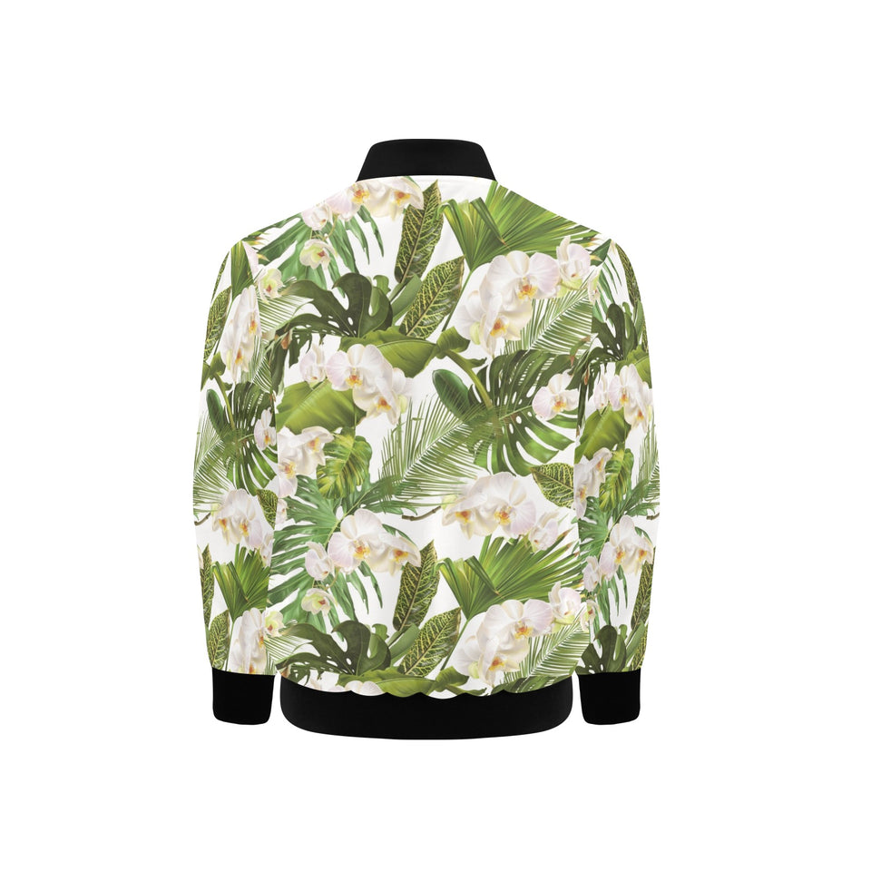 White orchid flower tropical leaves pattern Kids' Boys' Girls' Bomber Jacket