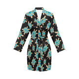 Sea turtle blue stone pattern Women's Long Sleeve Belted Night Robe