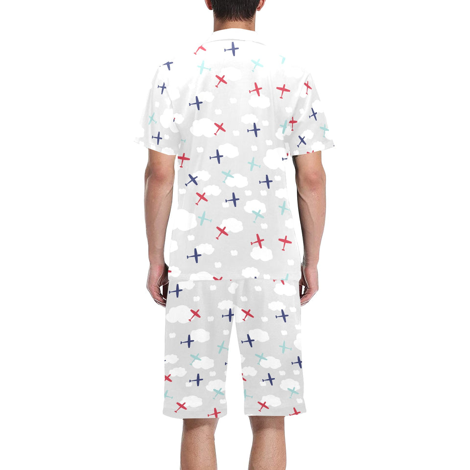 Airplane cloud grey background Men's V-Neck Short Pajama Set