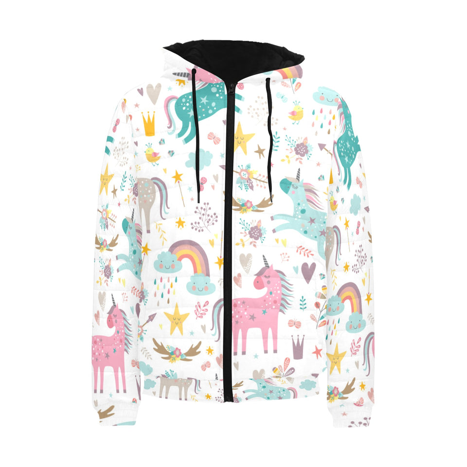 Colorful unicorn pattern Men's Padded Hooded Jacket