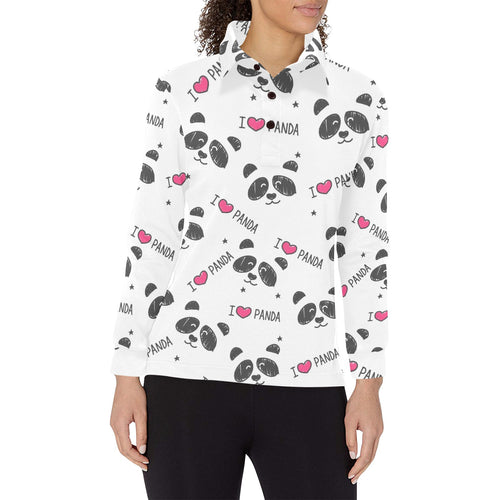 Hand Drawn faces of pandas pattern Women's Long Sleeve Polo Shirt