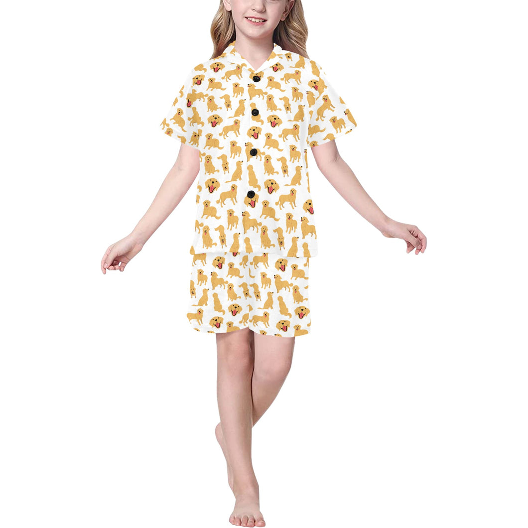 Golden Retriever Pattern Print Design 05 Kids' Boys' Girls' V-Neck Short Pajama Set