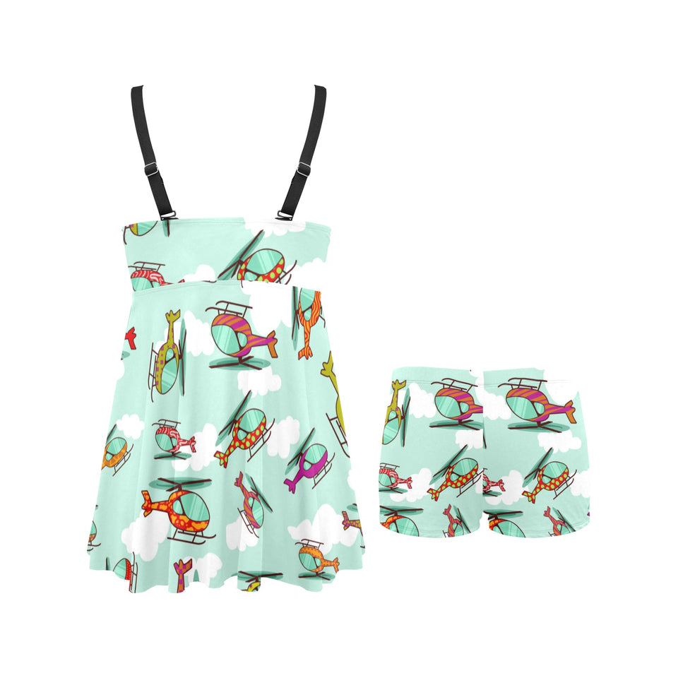 Helicopter design pattern Chest Sexy Pleated Two Piece Swim Dress