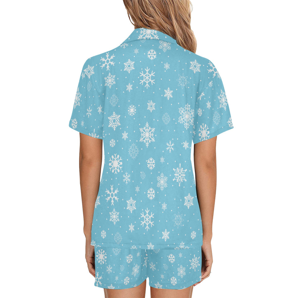 Snowflake pattern blue background Women's V-Neck Short Pajama Set