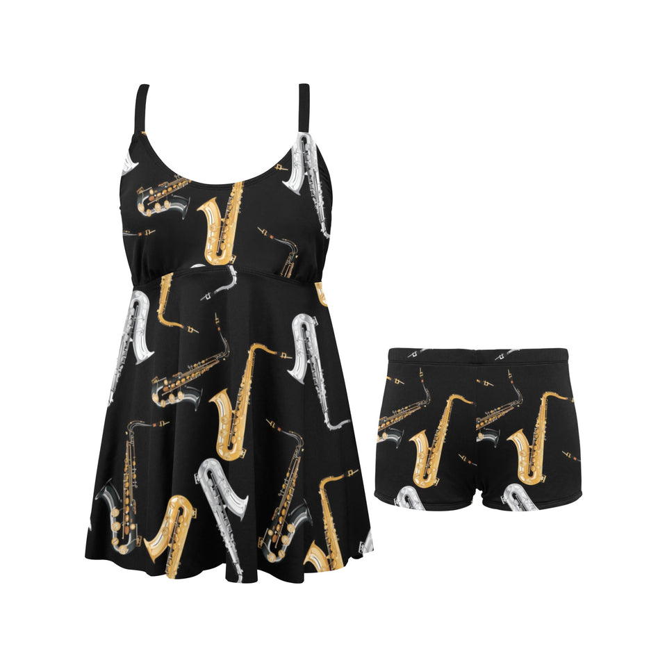 saxophone design pattern Chest Sexy Pleated Two Piece Swim Dress