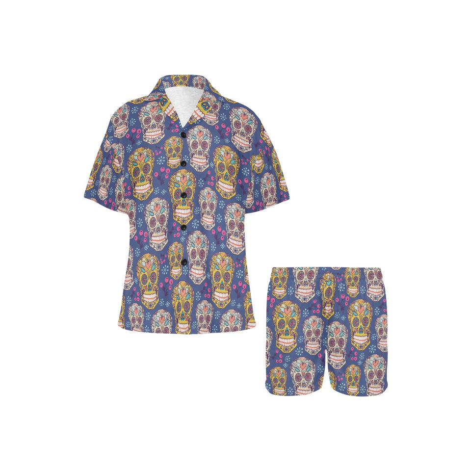 Sugar skull flower pattern Women's V-Neck Short Pajama Set