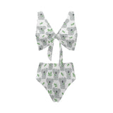Hand drawn Koala leaves pattern Chest Bowknot High Waisted Bikini Swimsuit