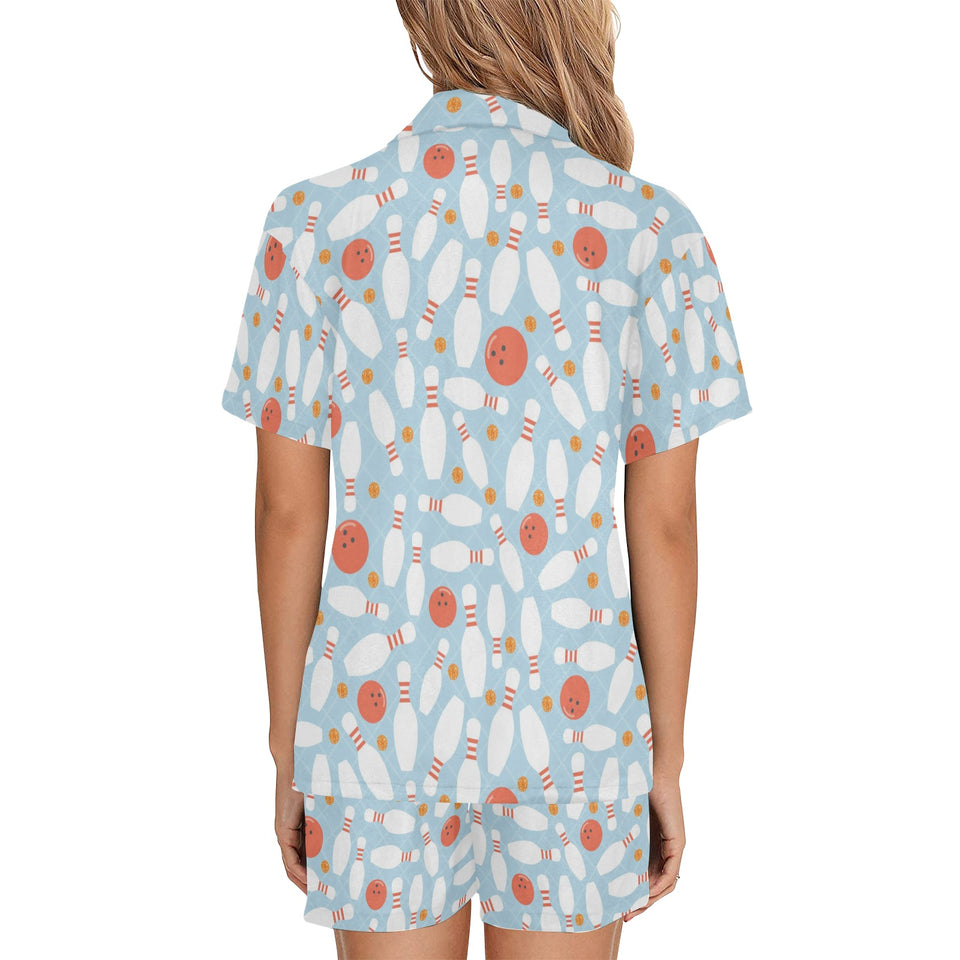Bowling ball bowling pins blue blackground Women's V-Neck Short Pajama Set