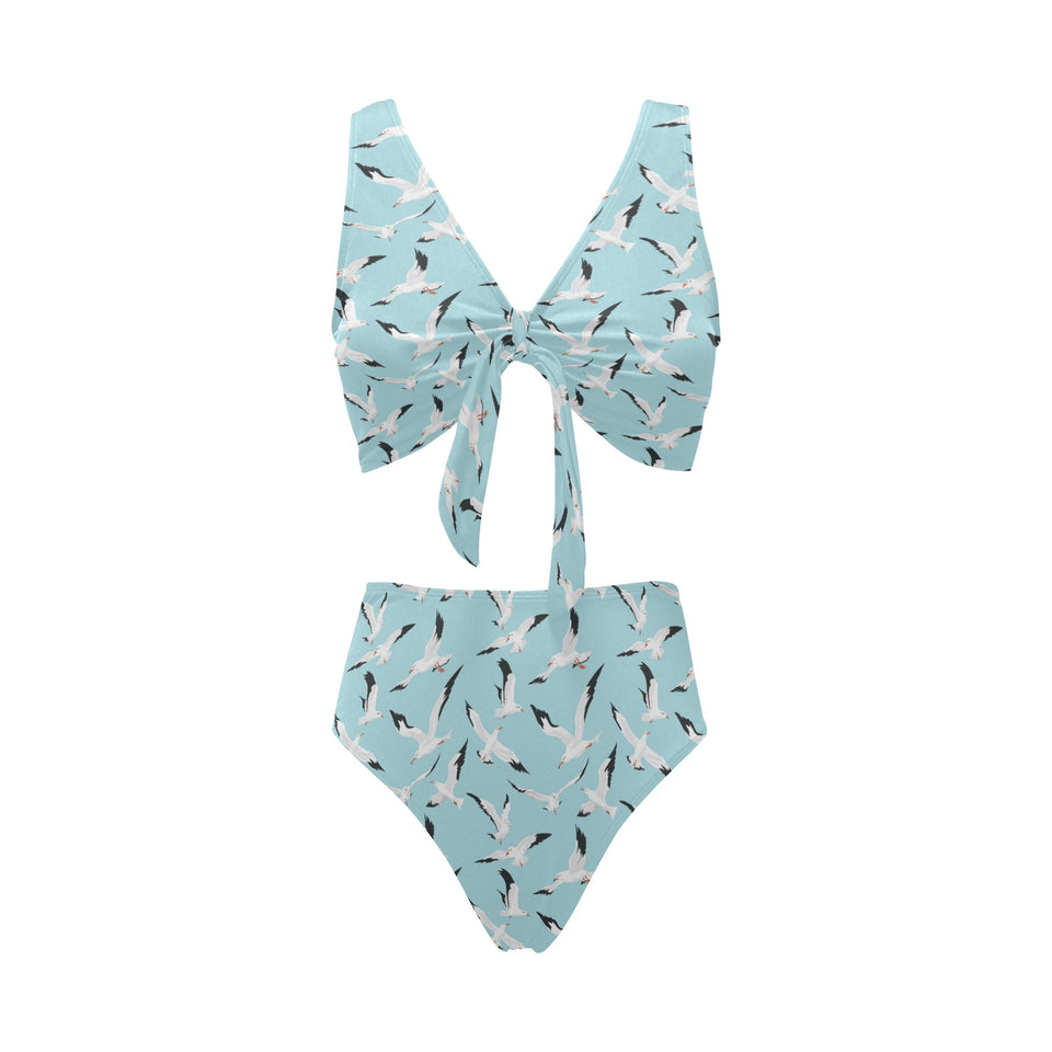 Seagull Pattern Print Design 01 Chest Bowknot High Waisted Bikini Swimsuit