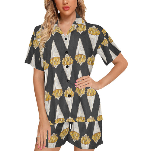 French fries dark background Women's V-Neck Short Pajama Set