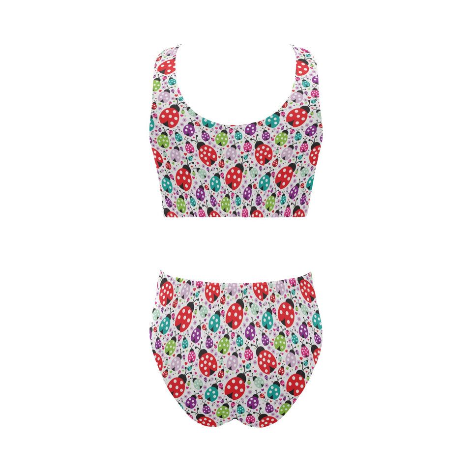 Ladybug Pattern Print Design 03 Chest Bowknot High Waisted Bikini Swimsuit